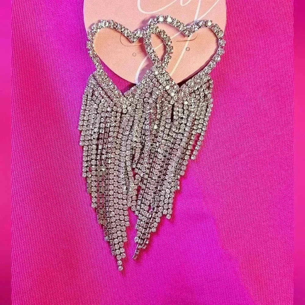 Rhinestone Heart Fringe Earrings